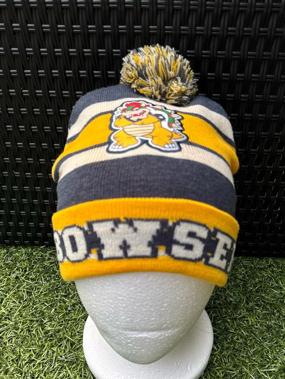 Nintendo Super Mario Bowser Beanie Hat Striped Pom Pom Winter Knit Cap One Size